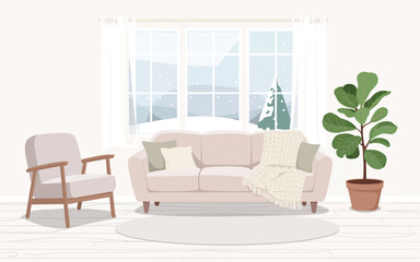 Fototapeta premium Cozy Living Room Interior Design A Flat Vector Illustration of a Winter Scene
