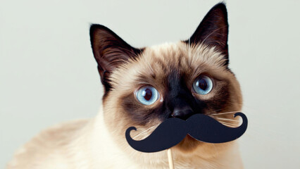 Siamese cat with fake mustache prop on face, humorous expression, playful costume, Cat Day fun, pet character