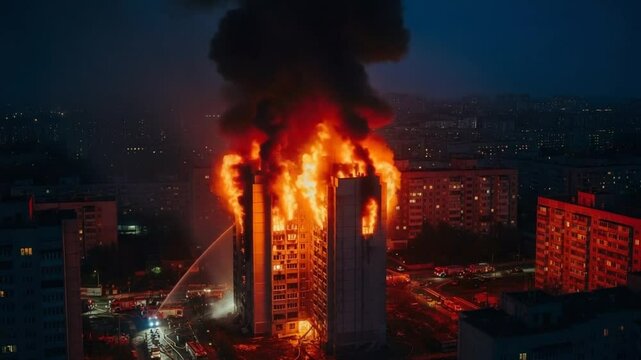 Burning Building Engulfed in Flames and Thick Smoke at Night in Residential City Area with Dramatic Glow and Firefighting Vehicles