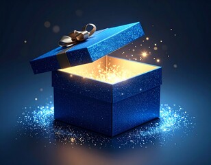 3D blue mystery box with Illuminated lighting glitter on dark background 