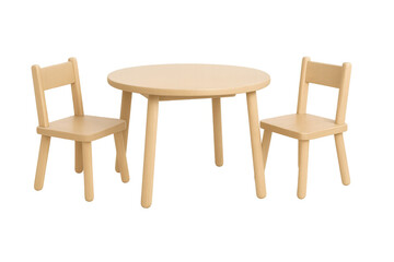 Small round wooden table and two chairs on a transparent background