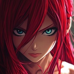 Close-up of a fierce anime girl with vibrant red hair and intense blue eyes