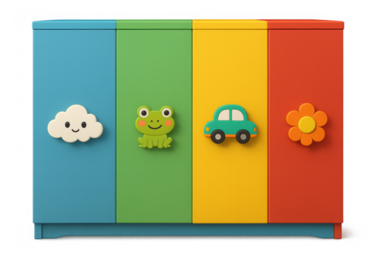 Colorful playful children's closet showing toys on transparent background