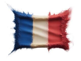 a vibrant French flag meticulously formed from colored powder, creating an artistic and tactile representation of national identity