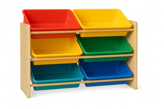 Colorful plastic storage bins on wooden shelf, organizing and storing toys and belongings