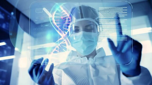 Medical lab with professional physician or doctor and hologram interactive screen.Gene dna editing technology.neurology research.innovation science