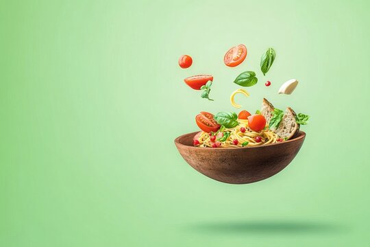 Bowl of pasta with fresh ingredients like tomatoes, basil, and cheese floating above, creating a vibrant and appetizing culinary scene with a green background