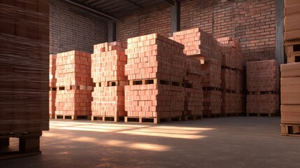 Warehouse interior filled with neatly stacked red bricks on wooden pallets, dusty floor, warm side lighting, industrial realism 