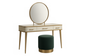 Modern dressing table with round mirror and green velvet pouf on transparent background
