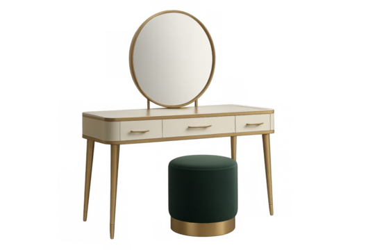 Modern dressing table with round mirror and green velvet pouf on transparent background