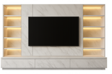 Modern tv unit with empty shelves and black screen on transparent background