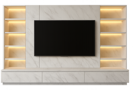 Modern tv unit with empty shelves and black screen on transparent background