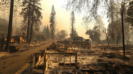 Devastated landscape after wildfire, showing charred trees and destroyed structures, with a smoky atmosphere and remnants of a once vibrant community in the background