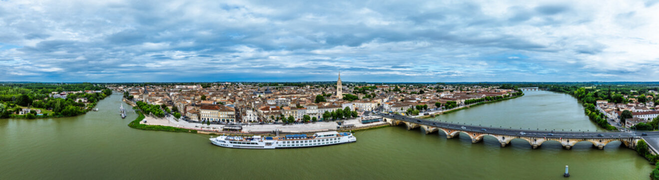 Panorama of Libourne from a drone, Gironde, Nouvelle-Aquitaine, Saint-Emilion and Pomerol, Southwestern France, Europe