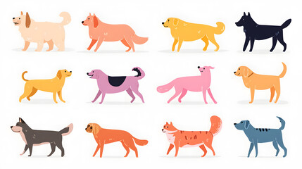 Fototapeta premium Flat Illustration of Assorted Dog Breeds Bundle Isolated on White 