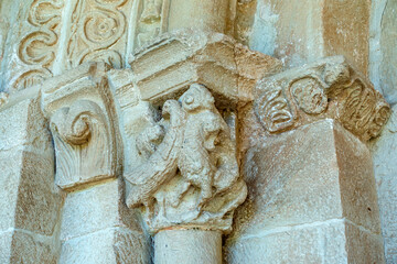 Capitals of the portico of the church of the Monastery of Azuelo. Navarre, Spain.