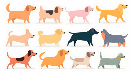 Flat Illustration of Assorted Dog Breeds Bundle Isolated on White	