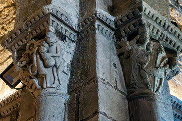 Argandoña, Basque Country, Spain; May 27, 2025: Exquisite Romanesque Carved Capital, Sanctuary of...