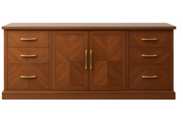 Wooden sideboard with drawers and cupboards on transparent background