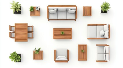 Overhead view of a teak wood outdoor furniture set.