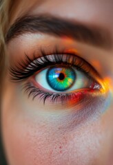 Fototapeta premium Close-up of a woman's eye with colorful iris and expressive gaze, concept of vision 