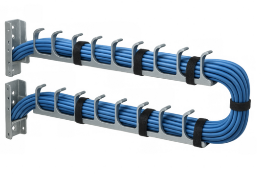 Cable management system organizing blue network cables with transparent background - Powered by Adobe