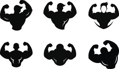 Set of vector silhouettes of people, muscle, and cartoon nature-themed designs