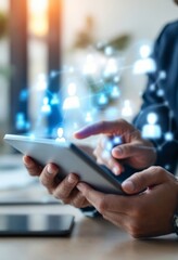 Businessman interacting with digital network on tablet representing digital  
