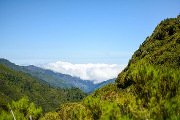 Lush mountain slopes and valley view above the clouds on Madeira