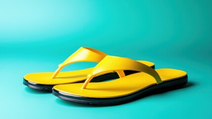 A pair of vibrant yellow flip flops is positioned on a sleek turquoise backdrop, creating a fun and playful impression that evokes summer, beach days, and carefree moments.
