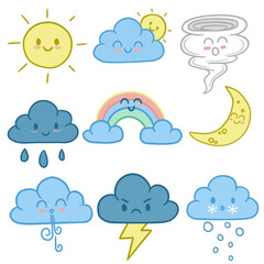 Cute Weather Doodle Icons Vector Set – Hand Drawn Kawaii Climate Elements illustraton collection