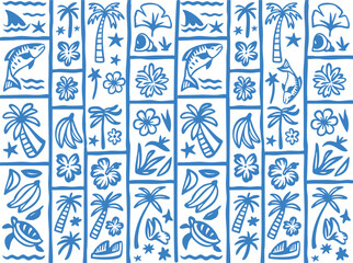 Seamless pattern: grid of blue & white tropical block print icons. Palm trees, turtles, fish, hibiscus & more. Fun, hand-drawn Hawaiian design for summer fashion & beach decor