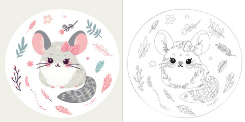 Children's coloring page with cute chinchilla, green and pink leaves, flowers and berries