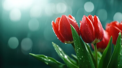 Close-up view of vibrant red tulips glistening with water droplets, evoking feelings of freshness and beauty amidst a dreamy, softly blurred background.