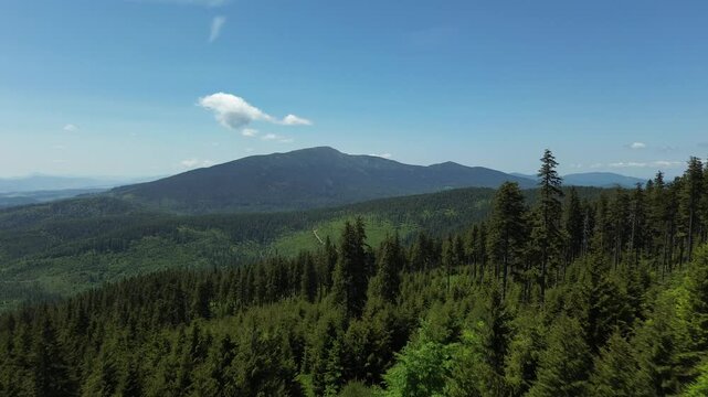 Scenic mountain landscape with forest ridges and atmospheric natural light. Aerial drone view of Babia G&oacute;ra in Beskid Żywiecki, Poland.