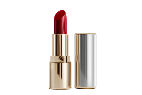 Bright red lipstick in a sleek gold and silver case displayed