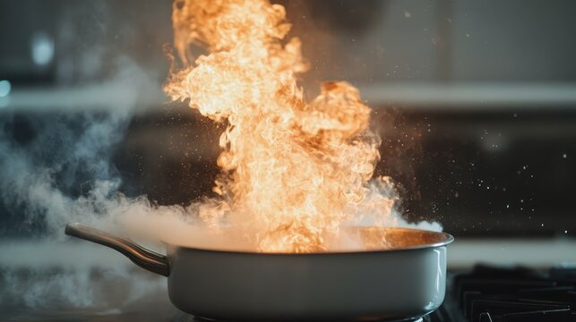 Dramatic close-up of a pan engulfed in fiery flames, capturing the intense energy of cooking in action, showcasing the art of culinary mastery in a home kitchen.