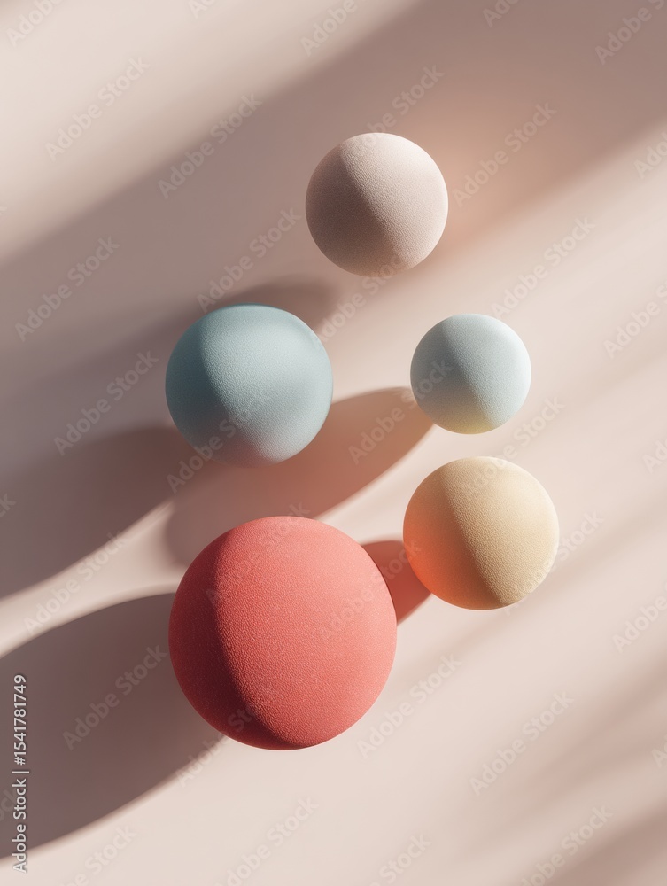 Poster Floating Clay Balloons Create a Whimsical Atmosphere on a Soft Pastel Background With Gentle Shadows