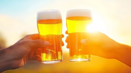 Two hands clinking glasses of golden beer against a vibrant sunset background, capturing a moment of celebration and joy in a warm outdoor setting