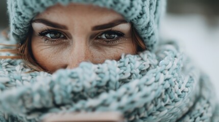 A captivating close-up of a woman wrapped in a warm scarf, radiating comfort and joy as she embraces the cold winter ambiance with her beautiful smile peeking over.