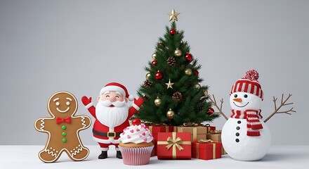 Festive Christmas Scene Santa, Snowman, Gingerbread Man & Christmas Tree