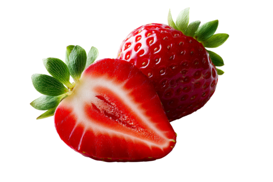 Fresh strawberry with half cut revealing juicy red interior
