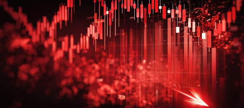Red business arrow down. Stock market data. Finance crisis depression market. Generative video AI technology.	
