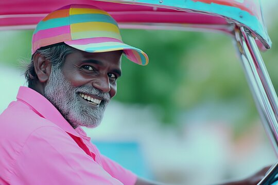 Smiling elderly man with gray beard wearing colorful cap and pink shirt, sitting in a vehicle, exuding warmth and friendliness in a vibrant outdoor setting