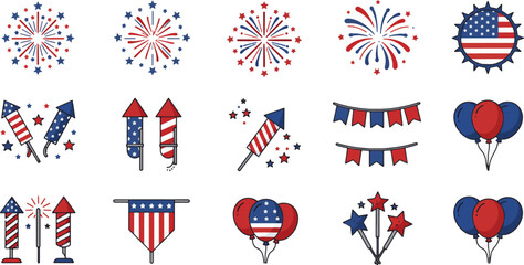 Fototapeta premium Patriotic Fireworks and Celebration Icons Red, White, and Blue Graphics