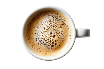 Dark coffee in white cup with creamy foam detail captured from above