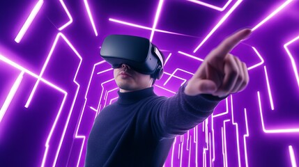 Individual wearing virtual reality headset is engaged in immersive experience, pointing towards digital interface in vibrant neon-lit environment, showcasing futuristic technology and interaction