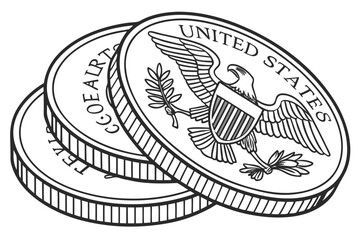 Illustration of Three United States Coins Stacked Together With Eagle and Olive Branch Depictions in Black and White Outline