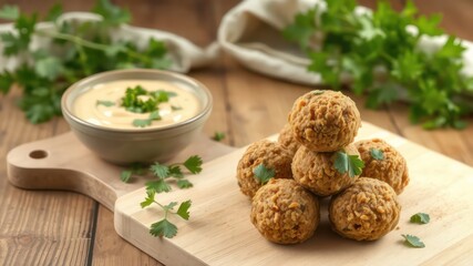 Savory round food with a creamy dipping sauce and fresh herb garnish, presented on a wooden board with a rustic culinary setting