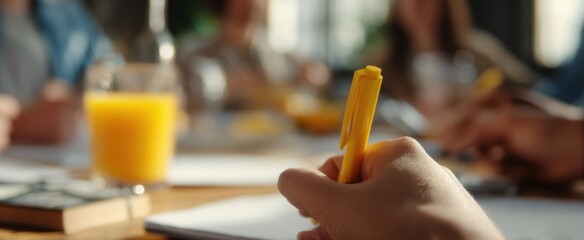 The hand holding a yellow pen during an engaging meeting and brainstorming session.